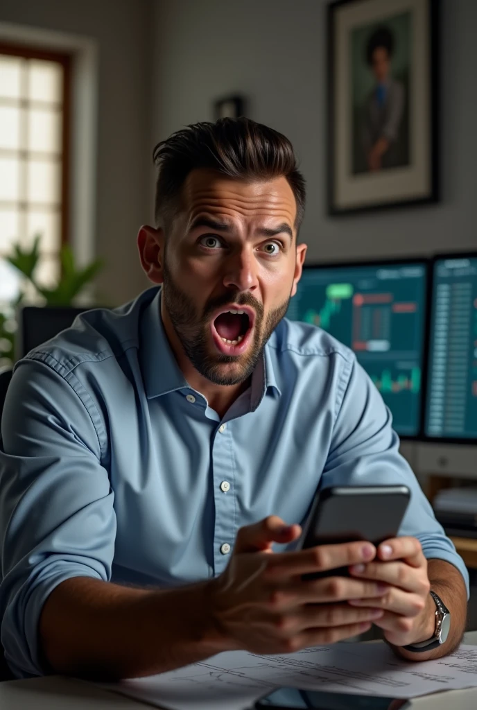 Generate a image of a grown attractive man with a very shocking reaction on looking at the mobile phone in a well maintained room having a trading setup
