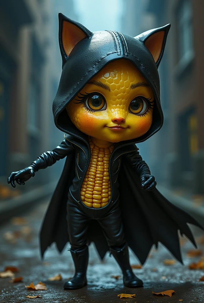 A corn with eyelashes and a Catwoman costume in a pose