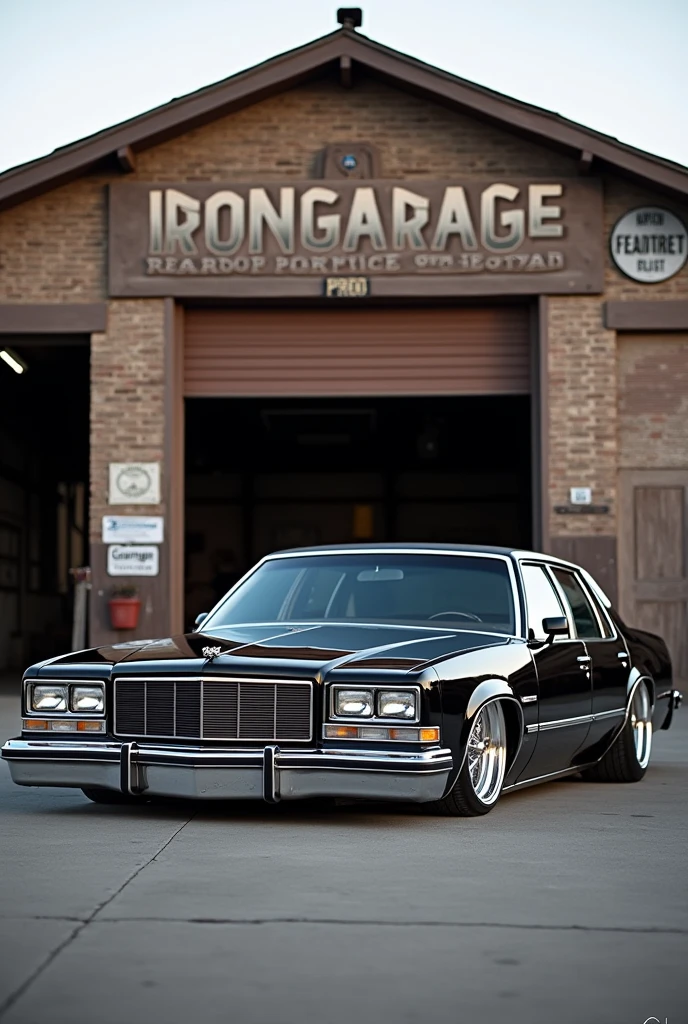 Chevrolet diplomat lowered in front of a workshop named IRON GARAGE