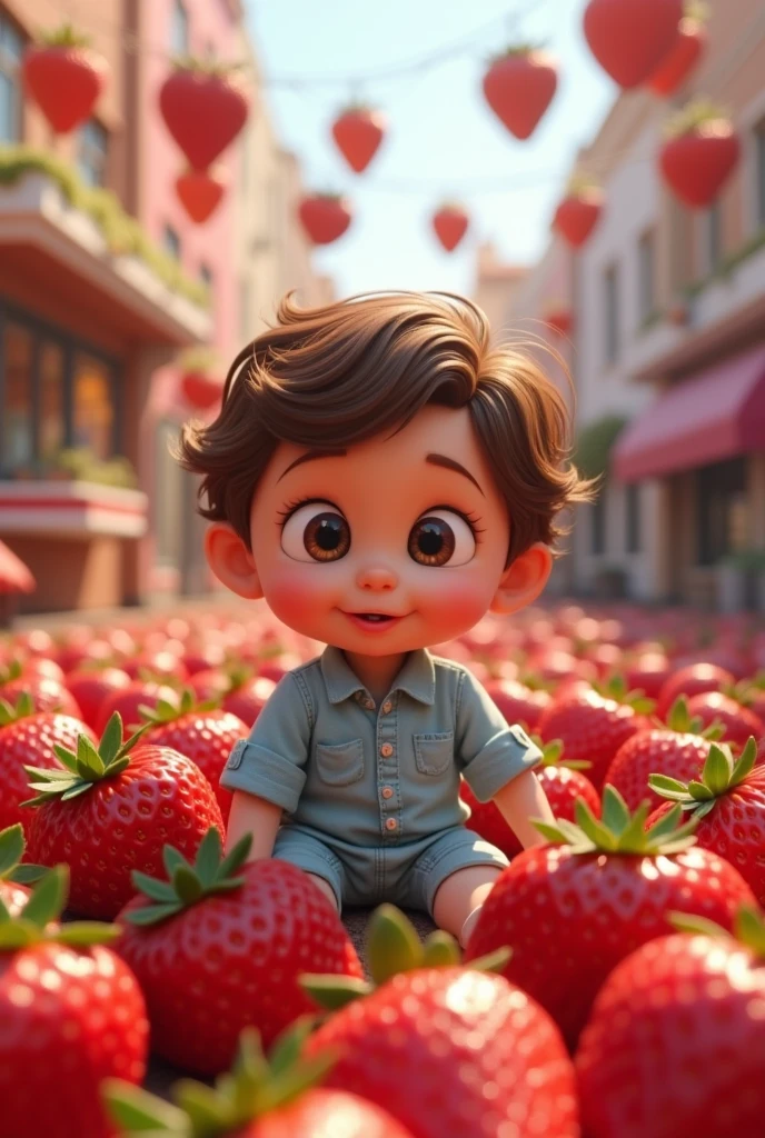pixar animation: 1 year old baby boy, Wavy brown hair, Brown eyes, White skin, Light blue shirt dress Surrounded by lots of strawberries with a lively strawberry and cream stand