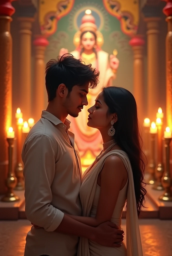 Boy and girl fell in love at first sight at hindu ritual, white indian boy cute indian girl, boy wears ash colour shirt, girls wears white colour half saree. 
They are teen agers
