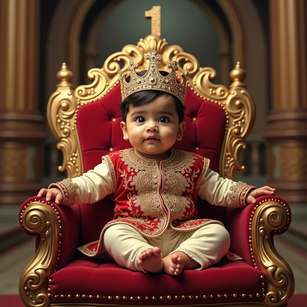 Realistic image of a 1 year old indian baby boy sitting on a grand throne, wearing royal outfits and ornaments, with a crown on his head, surreal and royal, ornated palace arch seen in the background, a large size '1' is seen behind the throne, image should be ultra clear, hyper realistic, high quality 4k , very grandeur pathway, vibrant and lustrous colours, shining and metallic finish