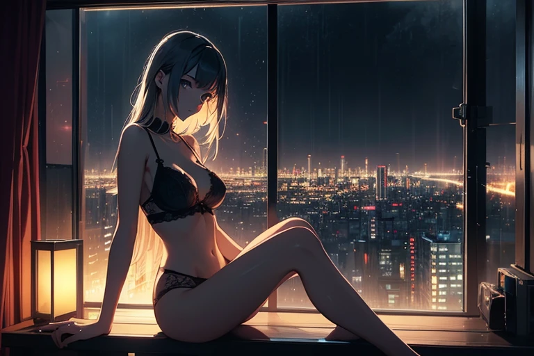 Beautiful slim sexy woman in underwears, sitted on a window's edge, looking outside at a night and rainy night on a cyberpunk tokyo style city, studio ghibli style picture, ultradetailed