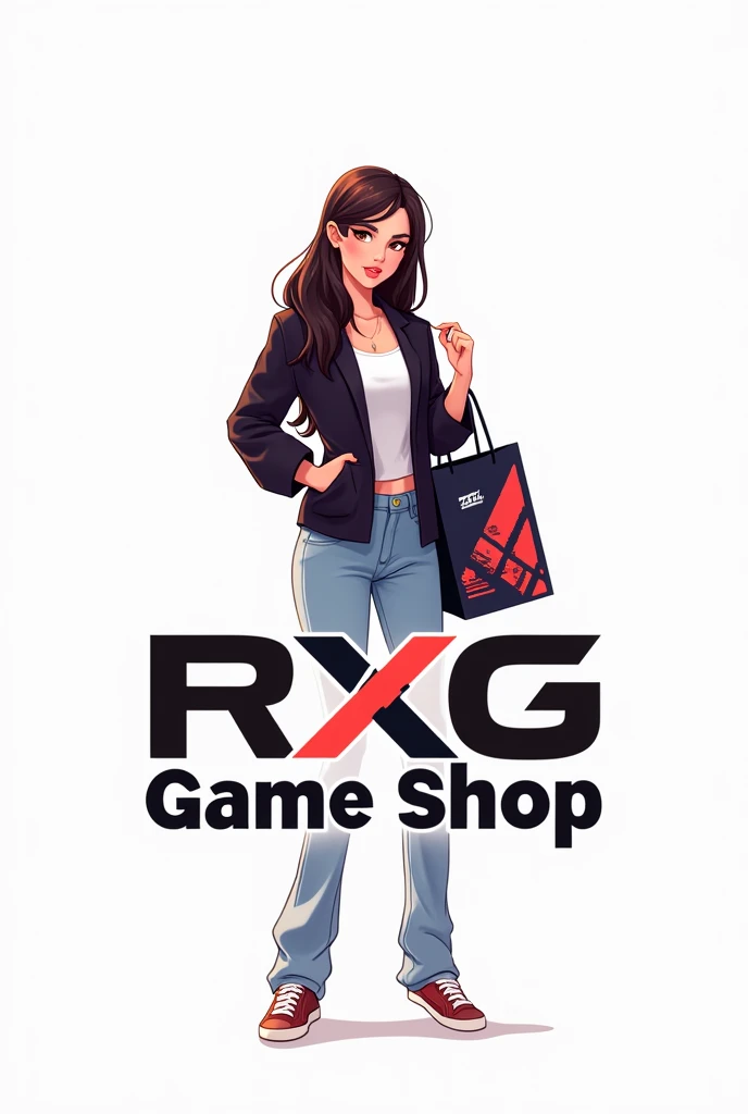 Create a logo where the background is white and a hottie is holding a shopping bag with a design on it that says RXG GAME SHOP below.