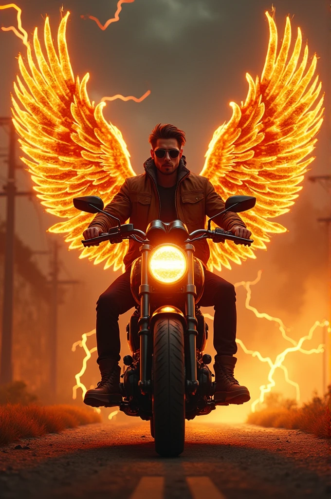 A 25-year-old boy sits on a Brown fire bike on a Brown lightning-lit road. He’s dressed in a Brown fire jacket, black pants, and Brown fire shoes, with sunglasses on. He holds a neon Brown lightning sign with “sumon gorami” in one hand. A Brown fire falcon stands beside him, adding to the intense, fiery scene. and a fire wing behind him