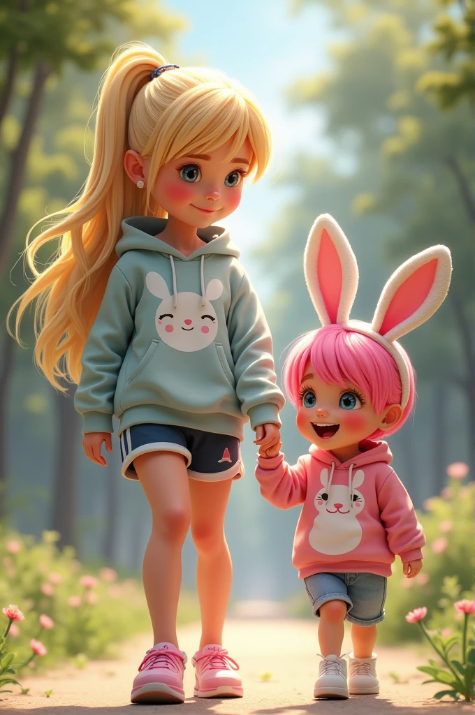 ((best qualityer)), ((work of art)), (detailded), 1 adult woman with blonde body wearing cute running shorts sweatshirt and 1 child with pink hair wearing bunny sweatshirt 