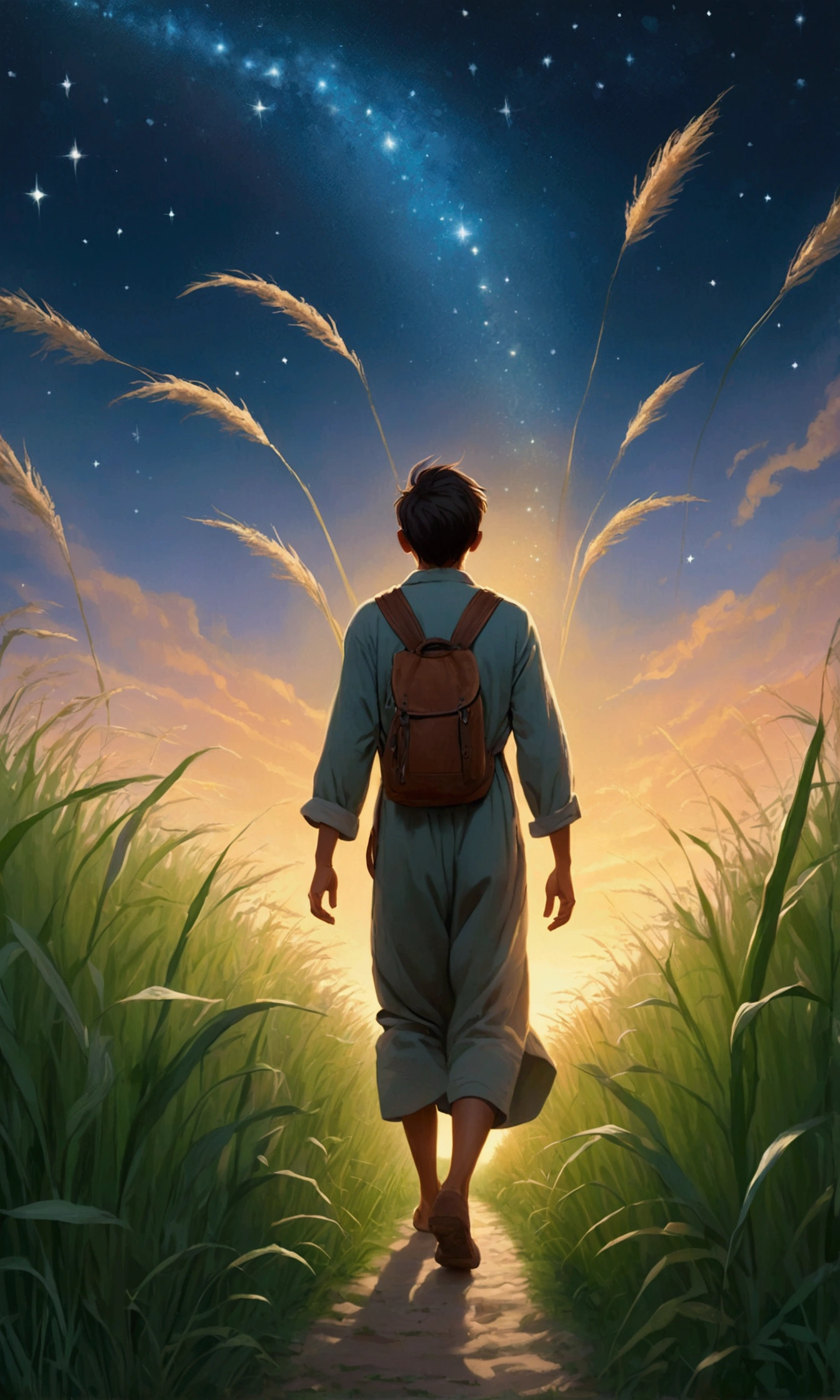 Illustrate a scene of a person walking along a path through a field of tall grass at dusk. Their face is turned toward the sky, glowing with a subtle light as the first stars appear, representing the unbreakable bond with God that keeps their spirit radiant.