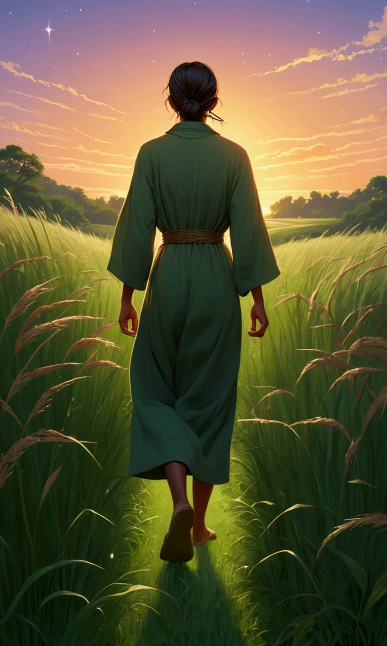Illustrate a scene of a person walking along a path through a field of tall grass at dusk. Their face is turned toward the sky, glowing with a subtle light as the first stars appear, representing the unbreakable bond with God that keeps their spirit radiant.