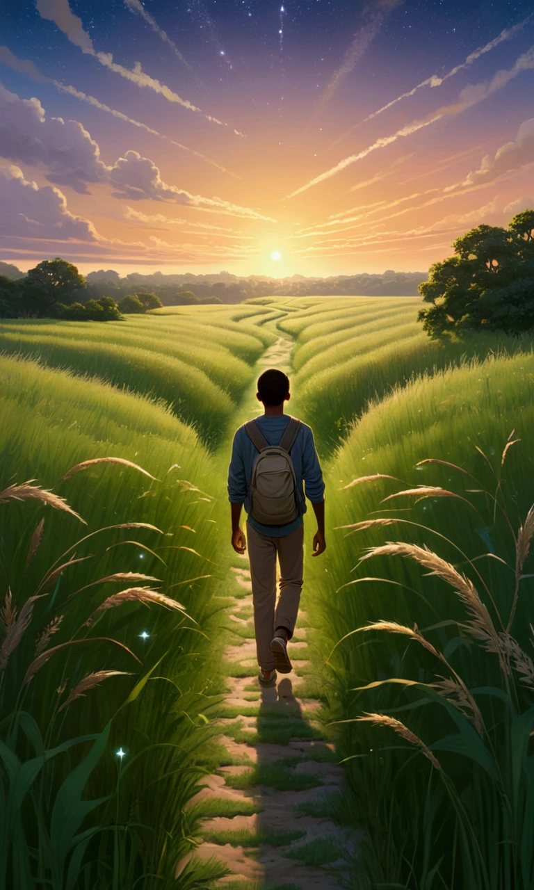 Illustrate a scene of a person walking along a path through a field of tall grass at dusk. Their face is turned toward the sky, glowing with a subtle light as the first stars appear, representing the unbreakable bond with God that keeps their spirit radiant.