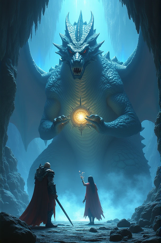 "Inside a dark, crystal-lit cave, a huge and majestic dragon holds a shining amulet on its chest. The warrior and the sorceress are ready to face him". super realistico.