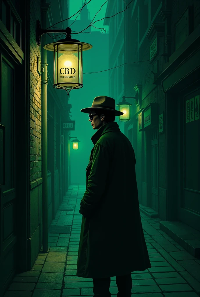 Créé moi un logo version dark urban écrit " Traumatrixe.62 " "CBD" avec des fleurs de cbd 3D dans une ruelle sombre, en arrières plan a droite un homme chapeaux noir lunette de soleil noir smoking vert, en arrières plan gauche un lampadaires qui éclair un CBDshop