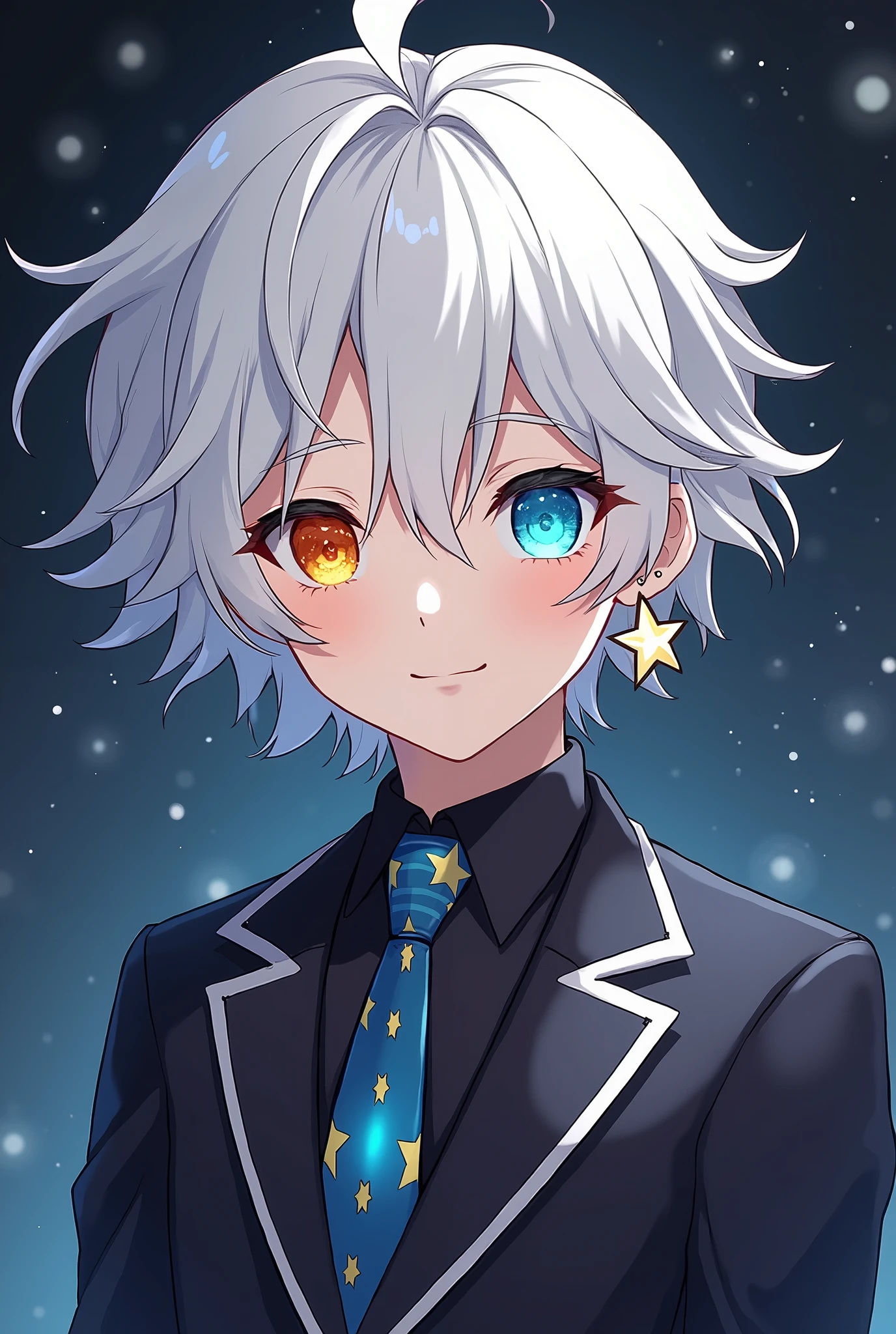 boy, White to silver Shiny hair, wavy and long, One sparkling blue eye, and one shiny orange one, Dark Suit with White Details Resembling stars, two "star" earrings, Solar System Tie.