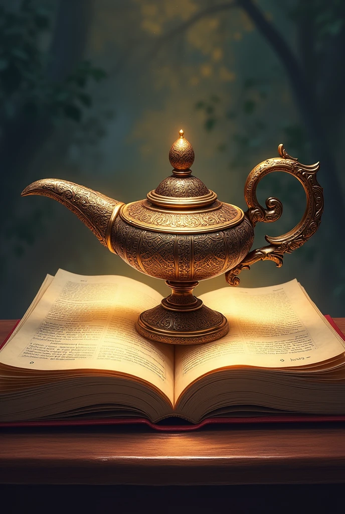 Drawing of an open book with a genie's lamp on top