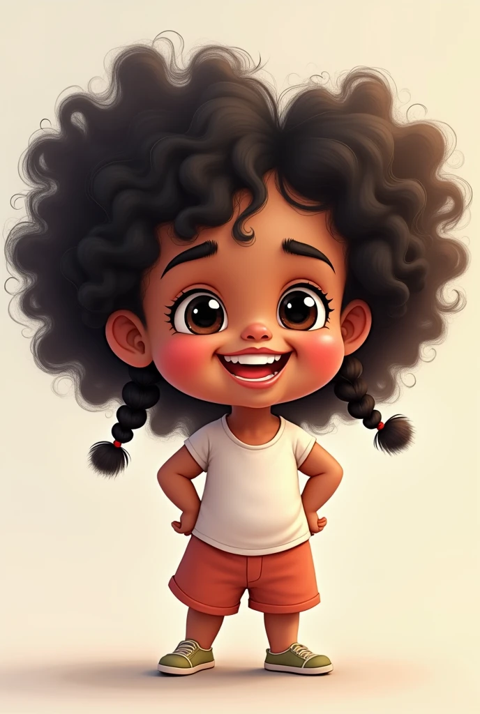 4 year old child, black curly hair with two braids in the hair, eyes black, Grinning,whole body,skin fair