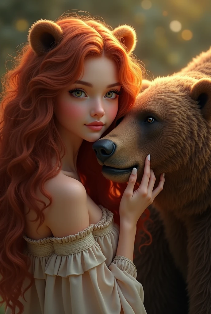 (photorealism:1.2), beautiful woman, long curly red haïr, soft lighting, realistic, intricate details, warm colors, qui est en train de dresser un ours agressif , humouristique