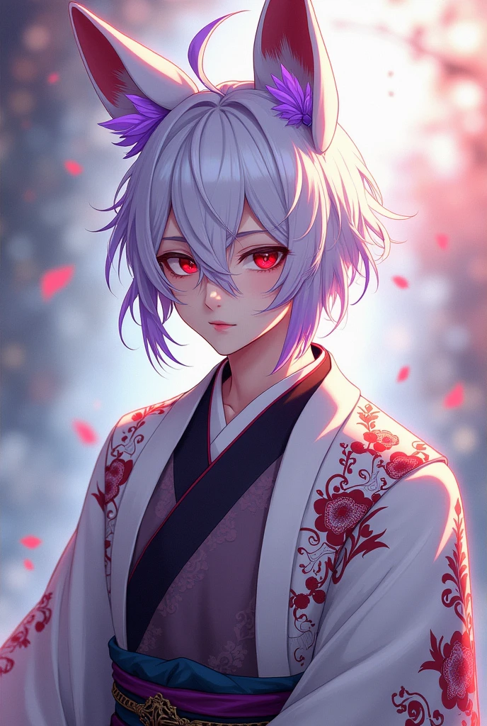 Anime boy with white hair and purple highlights, white kimono with red and black details, Kitsune ears, red eyes