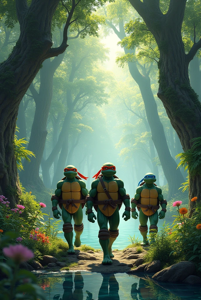 magical forest that was full of giant trees and super clear lakes that reflected the sky like a mirror With this image, place the ninja turtles walking through the forest
