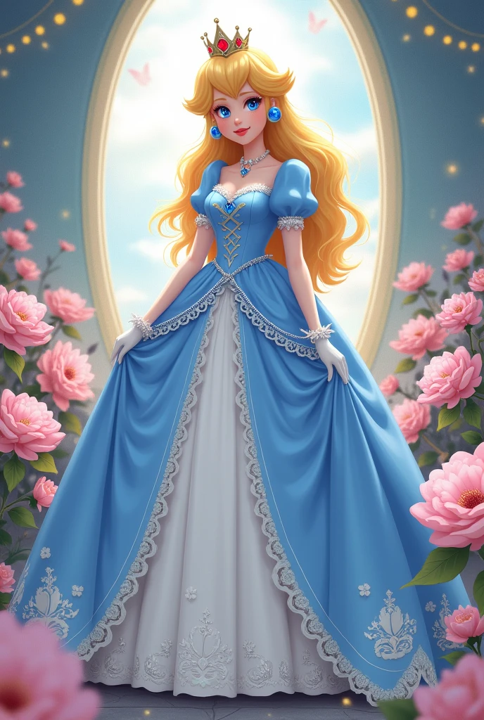 Créer moi de la princesse peach qui porte une robe de lolita bleu et blanc vue de loin