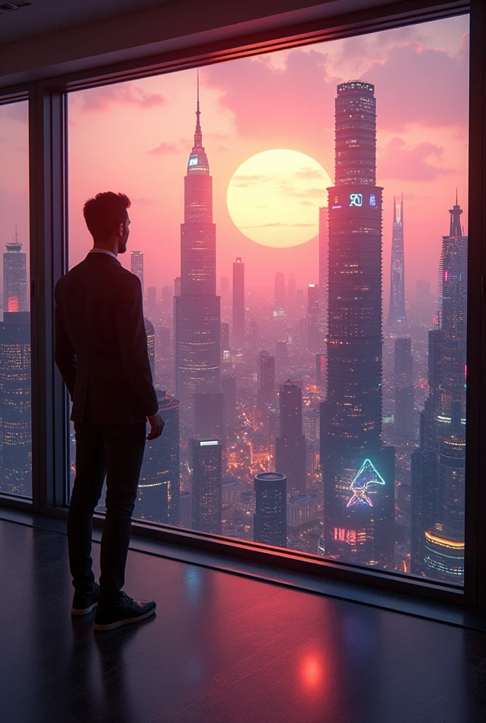 Una foto super realist de una ciudad futurista con edificios altos de neon, I'm standing in my 15th floor apartment, watching the big city, 8k, UHD, realist, sunset background, golden hour, beautiful view