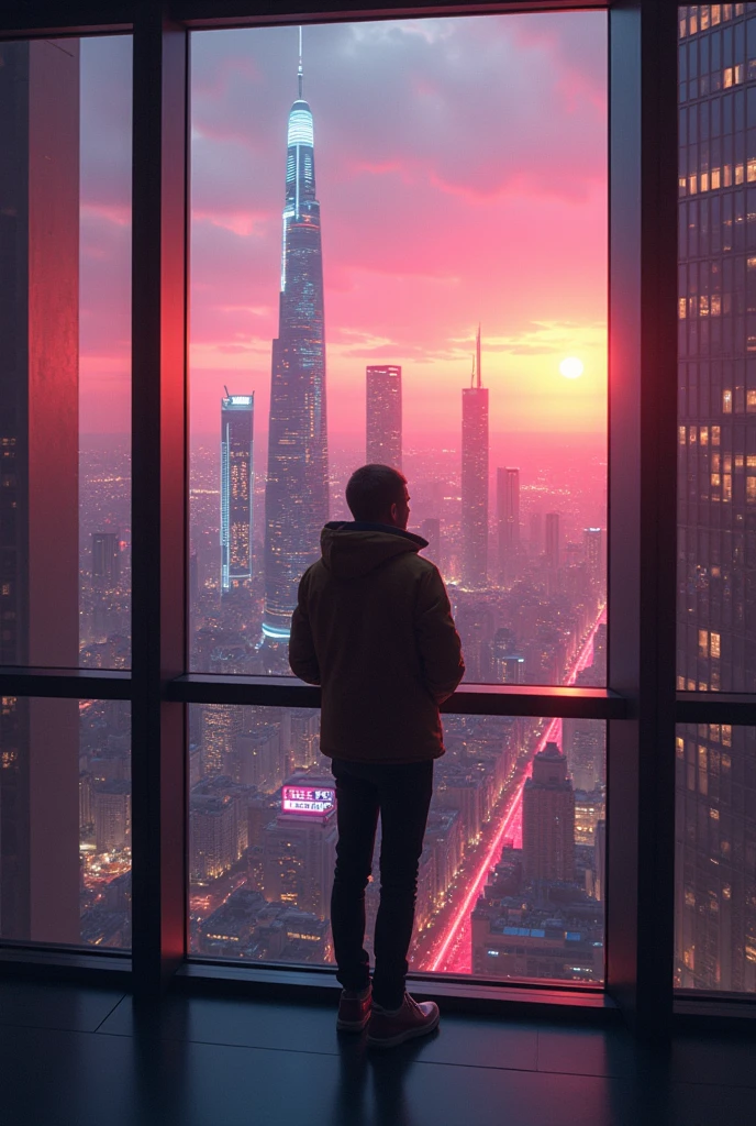 Una foto super realist de una ciudad futurista con edificios altos de neon, I&#39;m standing in my 15th floor apartment, watching the big city, 8k, UHD, realist, sunset background, golden hour, beautiful view