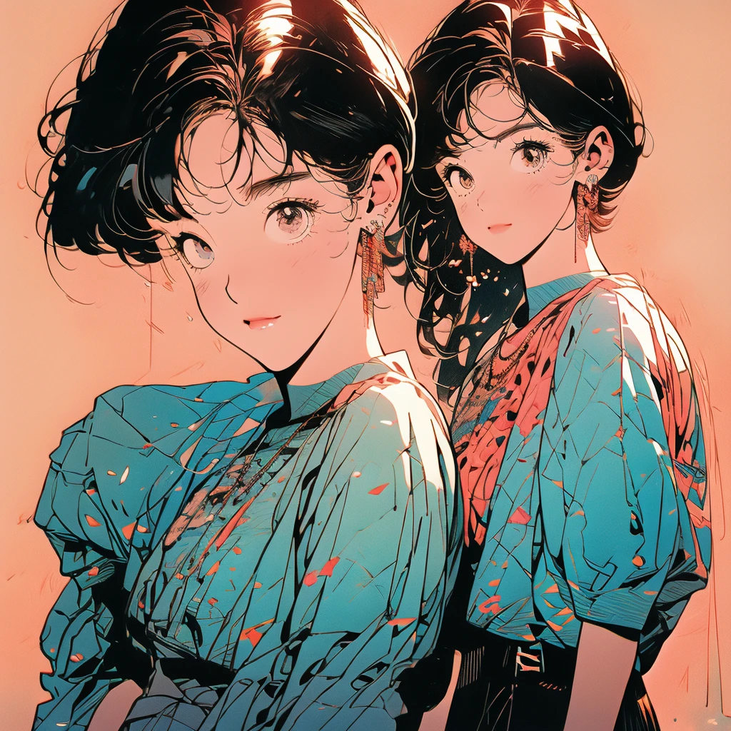 whole body, Upper Body, Have iPhone , Messy room, Apartments, 1 Girl, 4K, Warm colors , short hair , skirt, blouse、Faint lighting、Detailed Hair、Perfect Face、80s fashion、Retro Color、Highest quality、Detailed Background、Complex background、Sunset