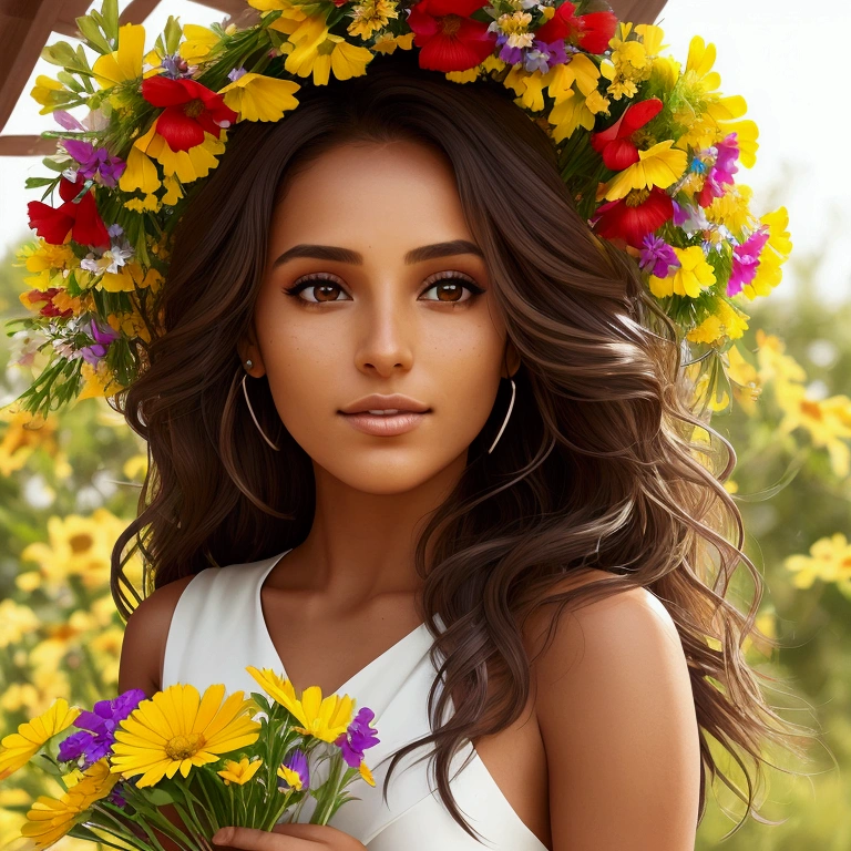 contemporary romantic and mysterious Brazilian woman. skin tanned. light flowing dress and neck-length brown wavy hair, holding and smelling a bouquet of colorful wildflowers close to your face. eyes browns. The background is a pergola, Sunnyday. use colors and angles that give the impression of movement
