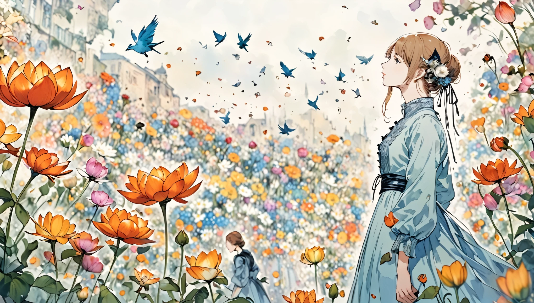 (Harry Clark (Harry Clarke) style:0.5),(Santiago Caruso style:0.7),
1 Girl,
BREAKFlower background,(The foreground of flowers:1.6),( Background blur:1.7),from_Side,Composition with people as the center,look up,(photo:1.4),(for real:1.5),middle_shooting,Looking at the audience,(Blurred foreground:1.5),