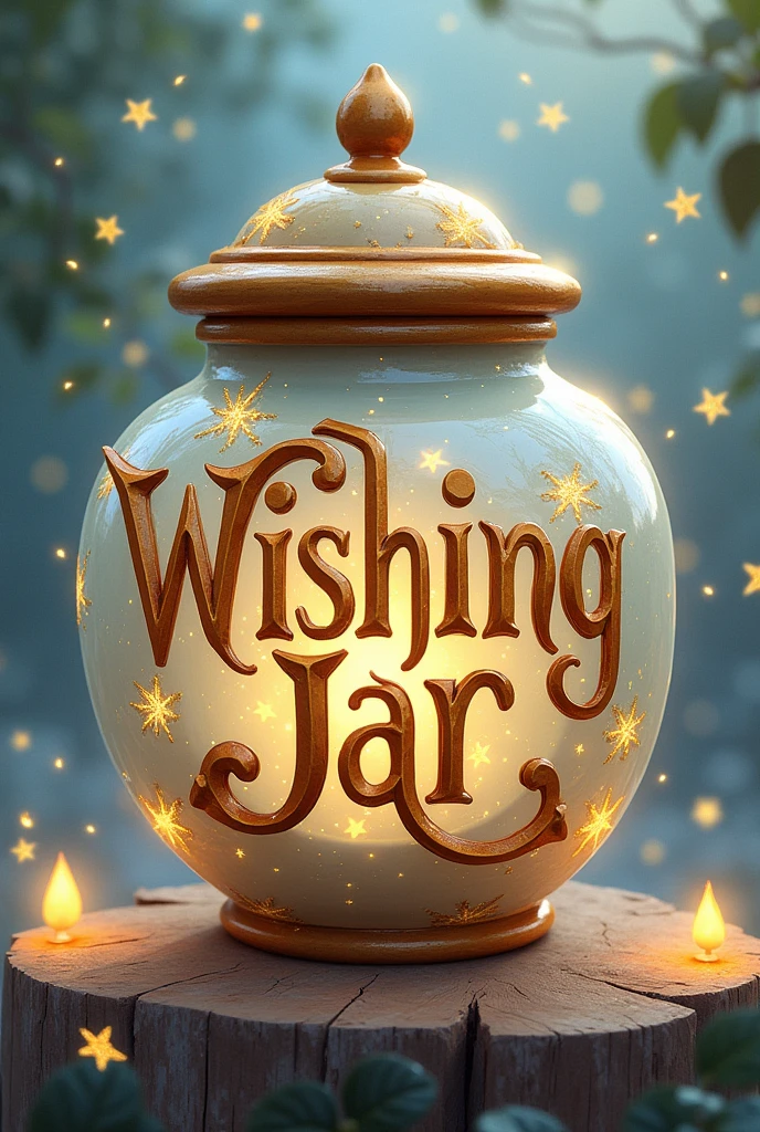 make an illustration with the name of the store "wishing jar" in a stylized font that imitates the shape of a pot or incorporates magical elements, like stars or sparkles around the letters.