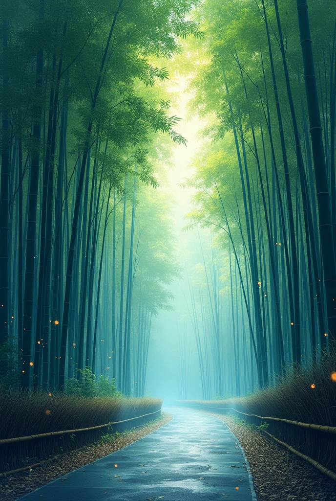 dynamic ink painting of a bamboo forest in Japan, great art, Great sense of depth, ground level shot, The most beautiful bamboo forest in the world, Bamboo leaves shining through the rain, officer\(pale blue\) with a slightly cloudy sky, ,soft rain, Fireflies flying around, Bamboo leaves are placed three-dimensionally in the foreground, long distance shooting,limited color