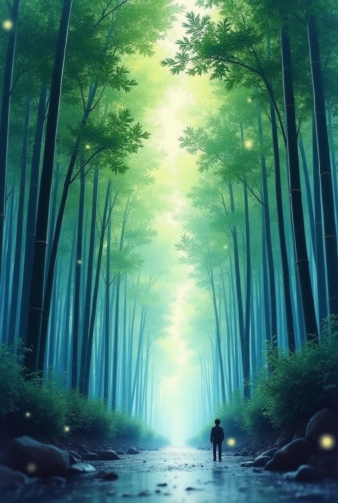 dynamic ink painting of a bamboo forest in Japan, great art, Great sense of depth, ground level shot, The most beautiful bamboo forest in the world, Bamboo leaves shining through the rain, officer\(pale blue\) with a slightly cloudy sky, ,soft rain, Fireflies flying around, Bamboo leaves are placed three-dimensionally in the foreground, long distance shooting,limited color