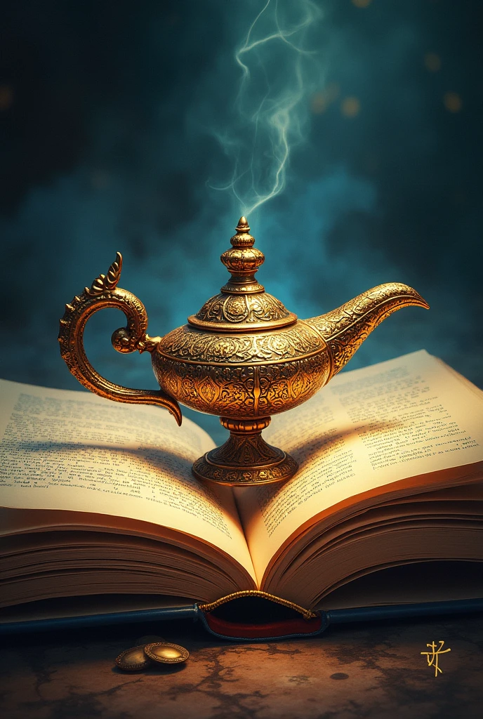 Drawing of an open book with a genie&#39;s lamp on top 