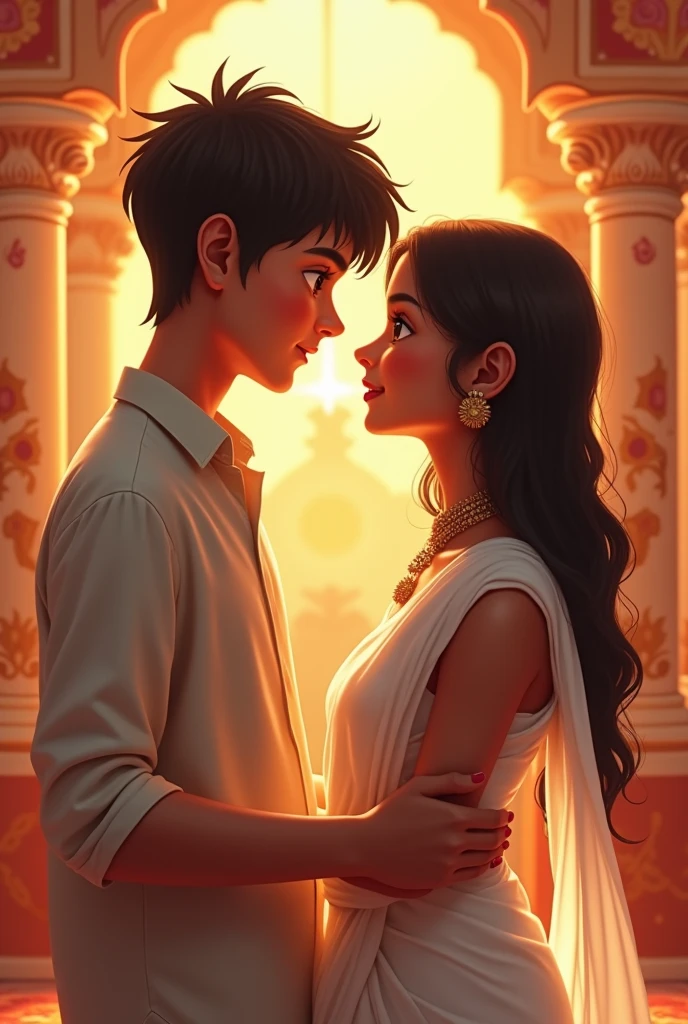 Boy and girl fell in love at first sight at hindu ritual, white indian boy cute indian girl, boy wears ash colour shirt, girls wears white colour half saree.
Thier age should be 15