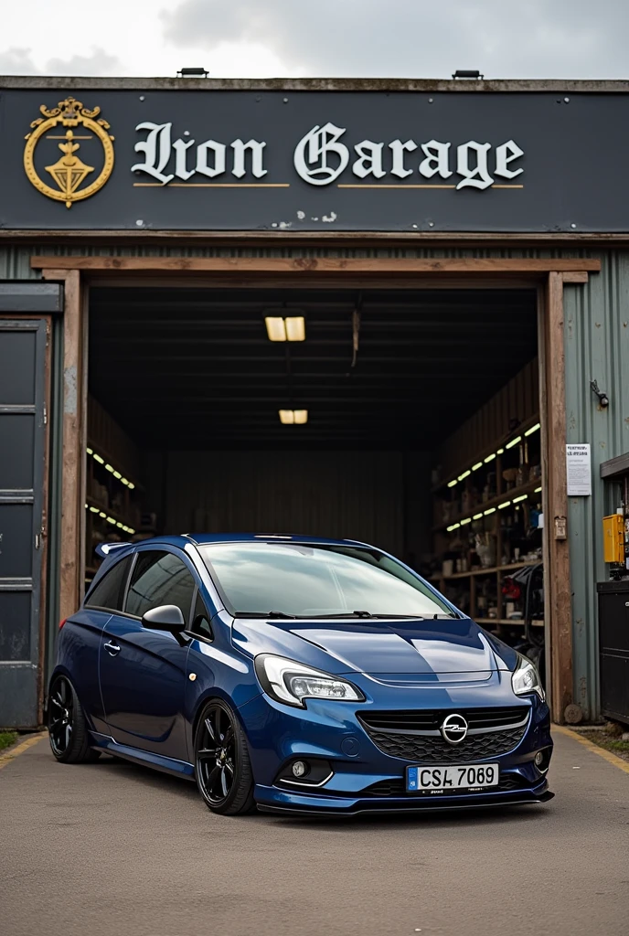 Lowered Corsa GSI in front of a workshop named IRON GARAGE 
