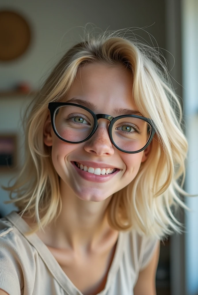 nerdie blonde girl beauty, amateur quality selfie