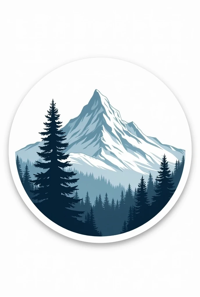 (Sticker),White background,(in circle), winter mountain with pine tree, ,Simple, Ultra detailed, Detailed drawing, vectorised, Silhouette, 8K, professional sticker design, Flat design, Vector lines, Sticker, Full-HD