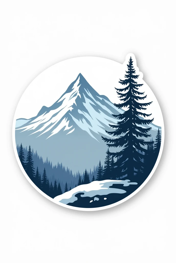 (Sticker),White background,(in circle), winter mountain with pine tree, ,Simple, Ultra detailed, Detailed drawing, vectorised, Silhouette, 8K, professional sticker design, Flat design, Vector lines, Sticker, Full-HD