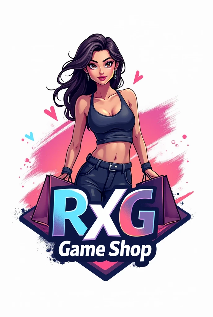 Create a logo where the background is white and a hottie is holding a shopping bag with a design on it that says RXG GAME SHOP below.