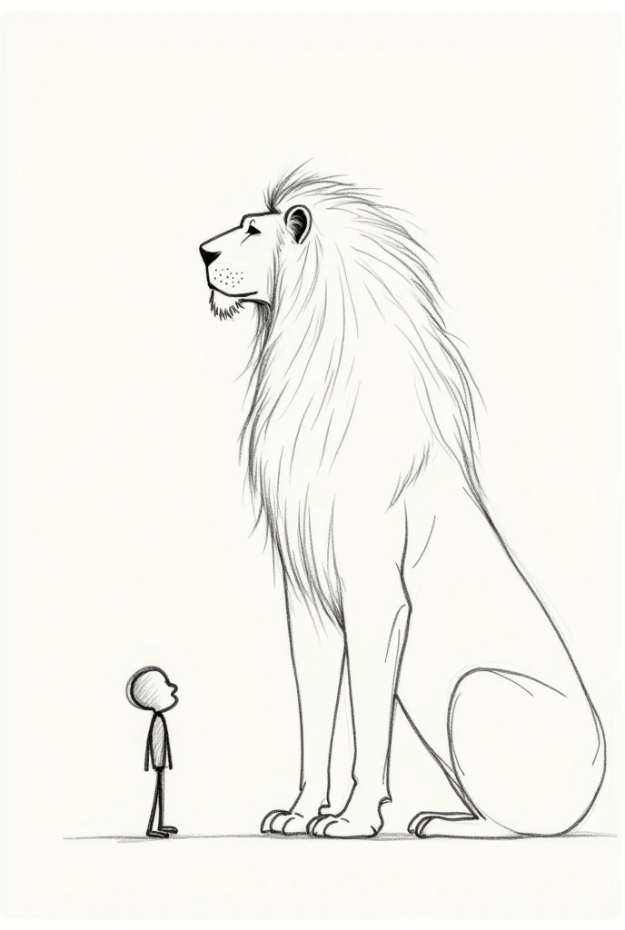 Make art as if it were drawn with a pencil,  with simple dashes, that is simple to reproduce on paper, of a stick figure looking up from below, to a giant, majestic lion above him With the lion looking back at the little figure 