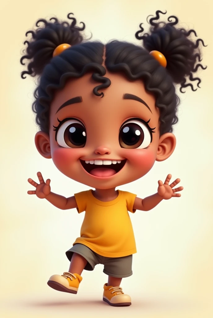 4 year old child, black curly hair with two braids in the hair, eyes black, Grinning,whole body,skin fair