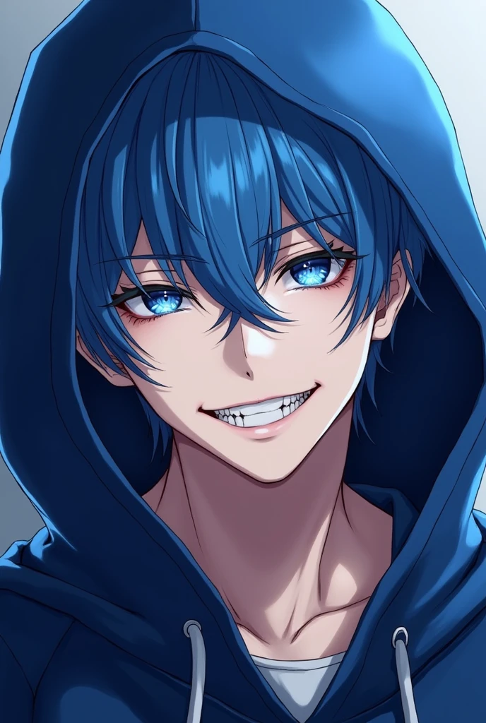 Anime male with blue hair and blue eyes smiling seductively with sharp teeth wearing black hoodie over head 