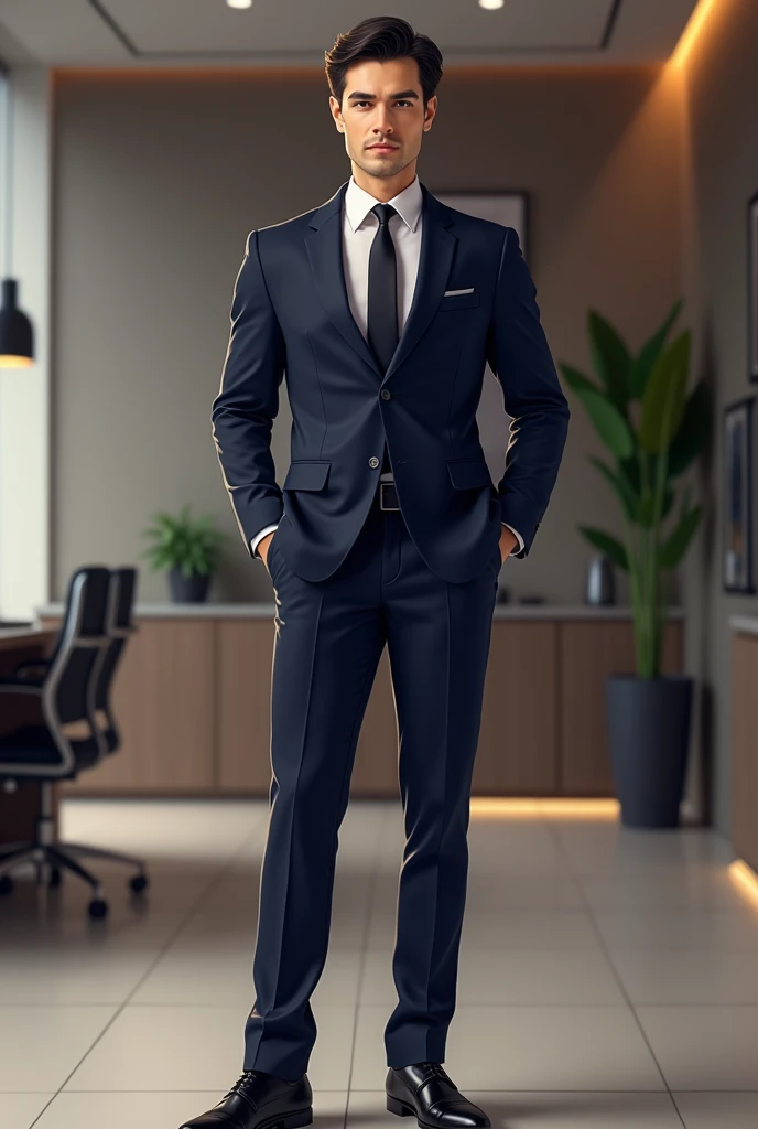 Please help draw this picture, using this person's original face.  , Changing the outfit and background, it is a picture of a young businessman, wearing a navy blue suit.   Black leather shoes, standing in the office, with a powerful smile.  , is a senior executive of Lifestar Company.