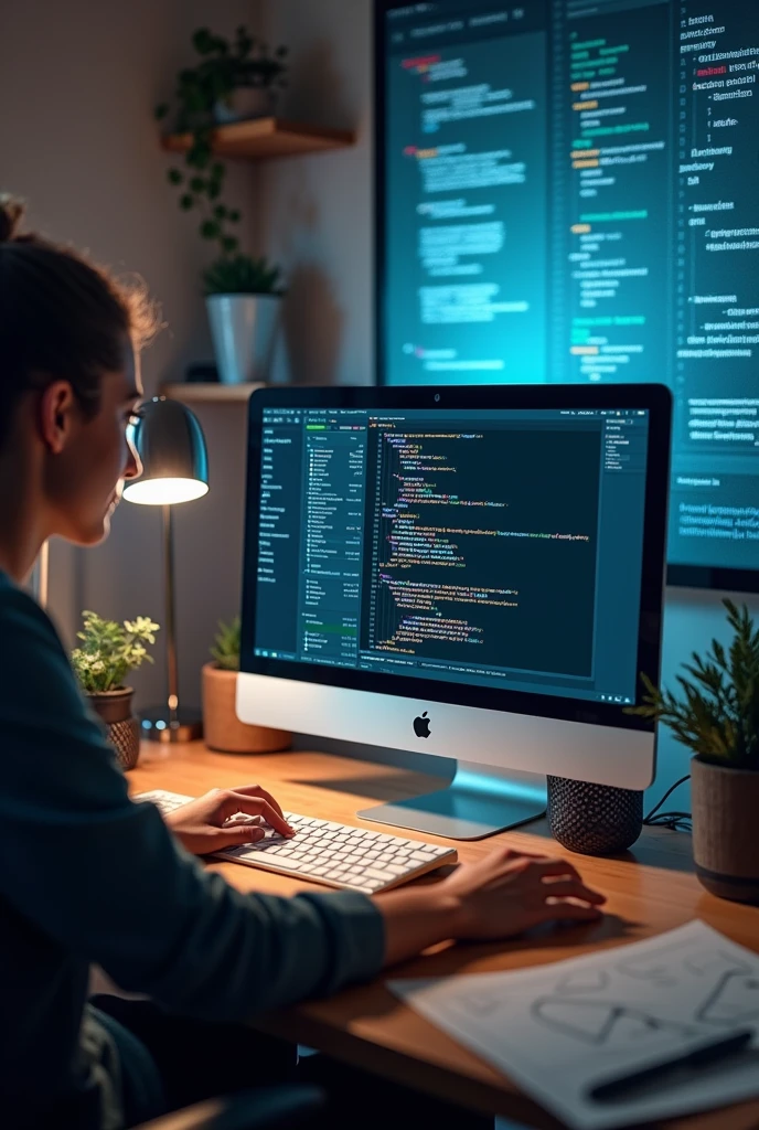 Custom Web DevelopmentPrompt:
"A web developer's workspace with a computer screen displaying clean, organized HTML, CSS, and JavaScript code. The background includes creative elements like sketches or blueprints, symbolizing the customization and tailored solutions of web development."