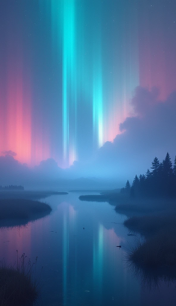 The mystical fusion of aurora and mist, Holographic coating, Neon glare reflections, Mysterious Transparency, Absurd aesthetics