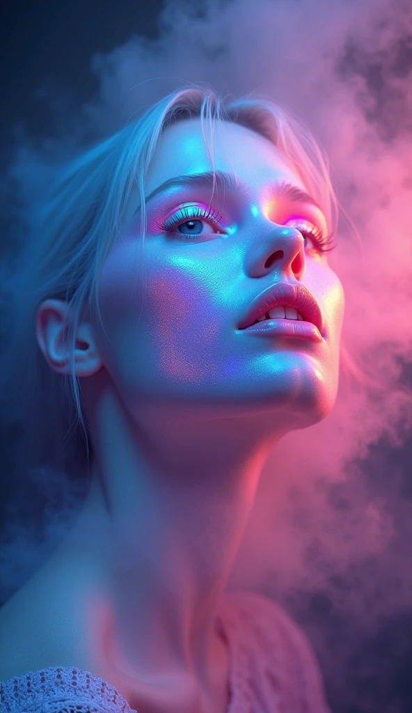 The mystical fusion of aurora and mist, Holographic coating, Neon glare reflections, Mysterious Transparency, Absurd aesthetics