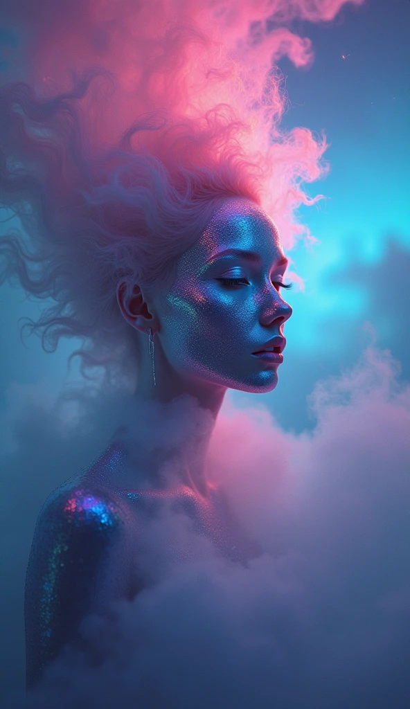 The mystical fusion of aurora and mist, Holographic coating, Neon glare reflections, Mysterious Transparency, Absurd aesthetics