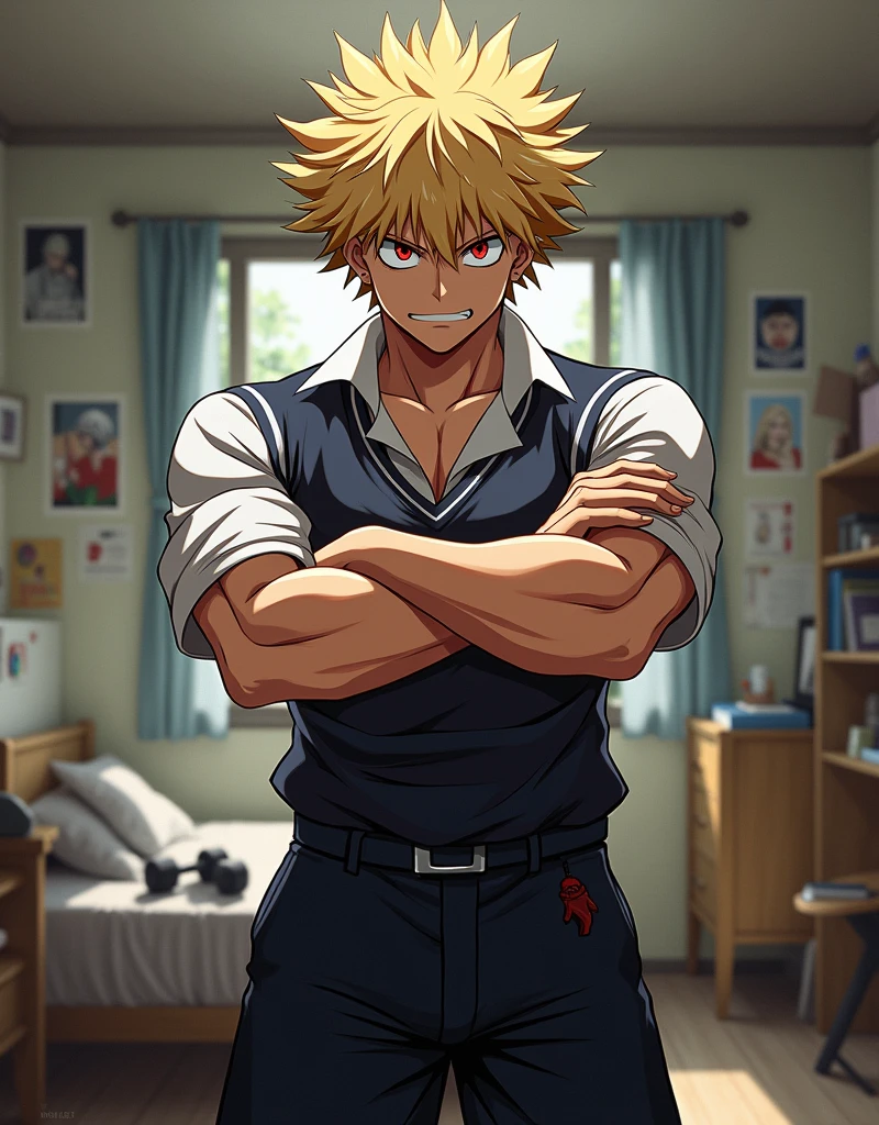 Generate an accurate image of Katsuki Bakugo from My Hero Academia standing in a dorm room. He should have his signature spiky blond hair, red eyes, and be wearing his UA high school uniform with the sleeves rolled up. Bakugo is standing with his arms crossed, looking angry and intense. The dorm room should have a bed, a desk with a chair, and some posters on the wall, reflecting a typical student's room but with Bakugo's personal touches, such as dumbbells or training gear.