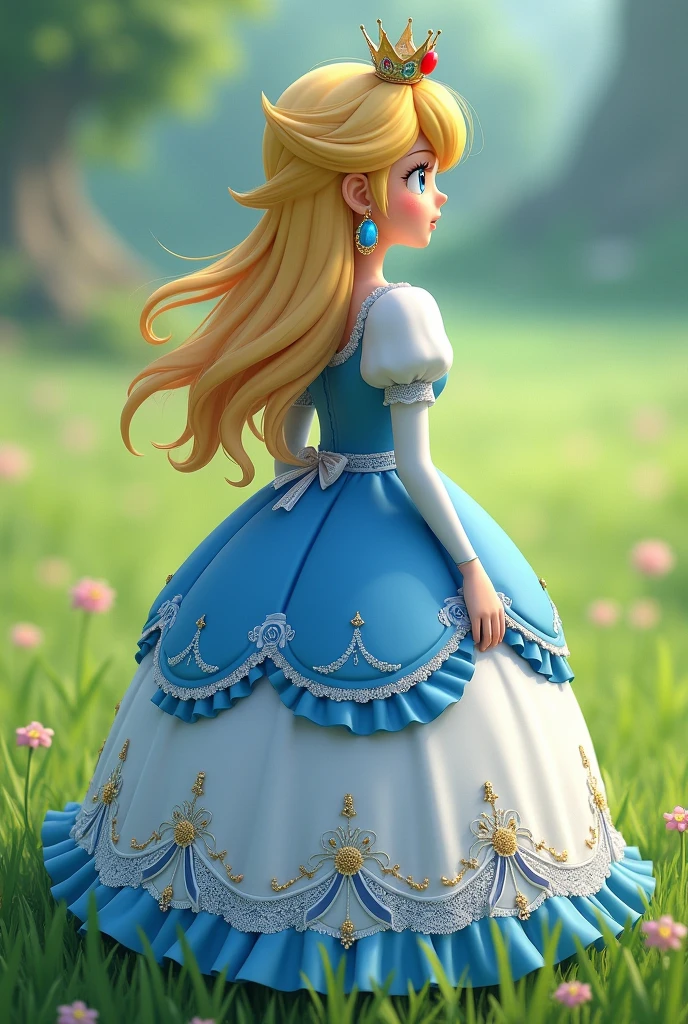 Créer moi de la princesse  peach qui porte une robe de lolita bleu et blanc vue de loin sur un fond vert 