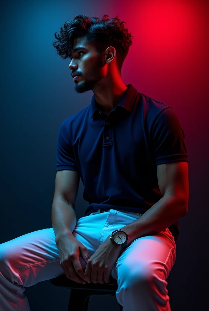 A tan boy with muscles and black wave hair on it and wearing a navy blue polo t shirt, white color long trouser, old watch and sitting on black stool and black background with red and blue light on top and the boy turning right side