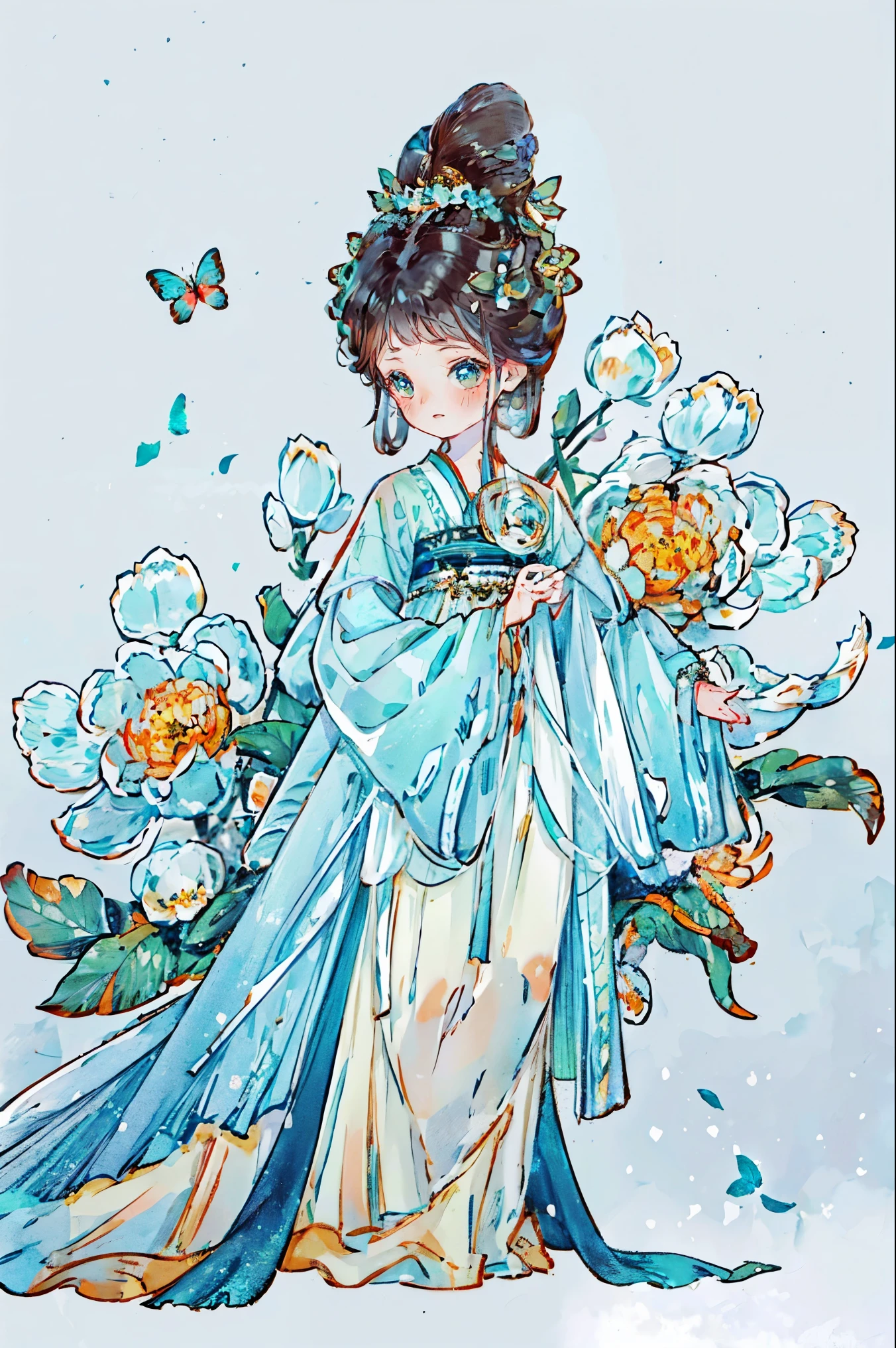 1 sister, alone, looking at the audience, Blushed, background with, black hair color hair, hair accessories, long sleeve, White background, Everlasting, Full body female love, flowers bloom, hair flower, bun, Butterfly, masterpiece, recent quality, best details, clear facial features, beautiful eyes