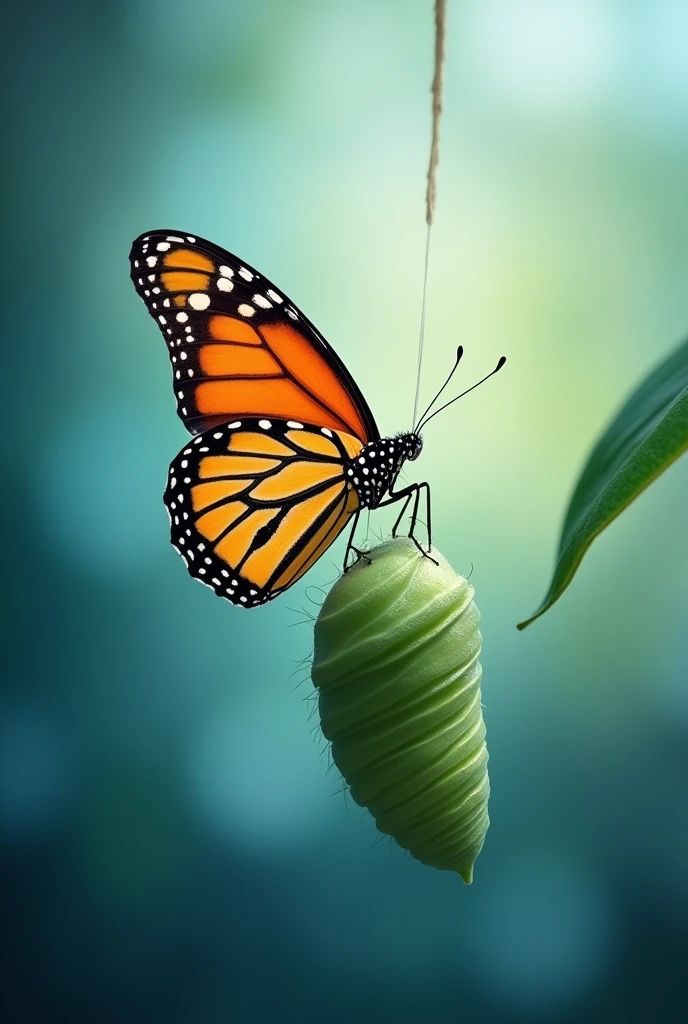 1. Butterfly Emerging from Cocoon
"An inspiring ebook cover showing a vibrant butterfly emerging from a cocoon. The background should be smooth and ethereal, with shades of blue and green, symbolizing transformation and renewal. The butterfly must be detailed and colorful., representing metamorphosis and personal growth. "